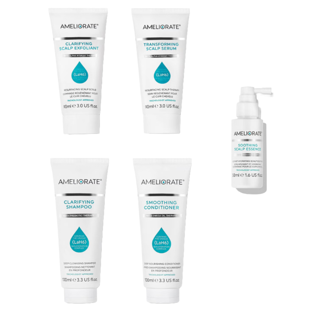 AMELIORATE 5pc 7 Day Scalp Care Regime includes Clarifying Scalp Exfoliant, Transforming Scalp Serum, Clarifying Shampoo, Smoothing Conditioner, and Soothing Scalp Essence.