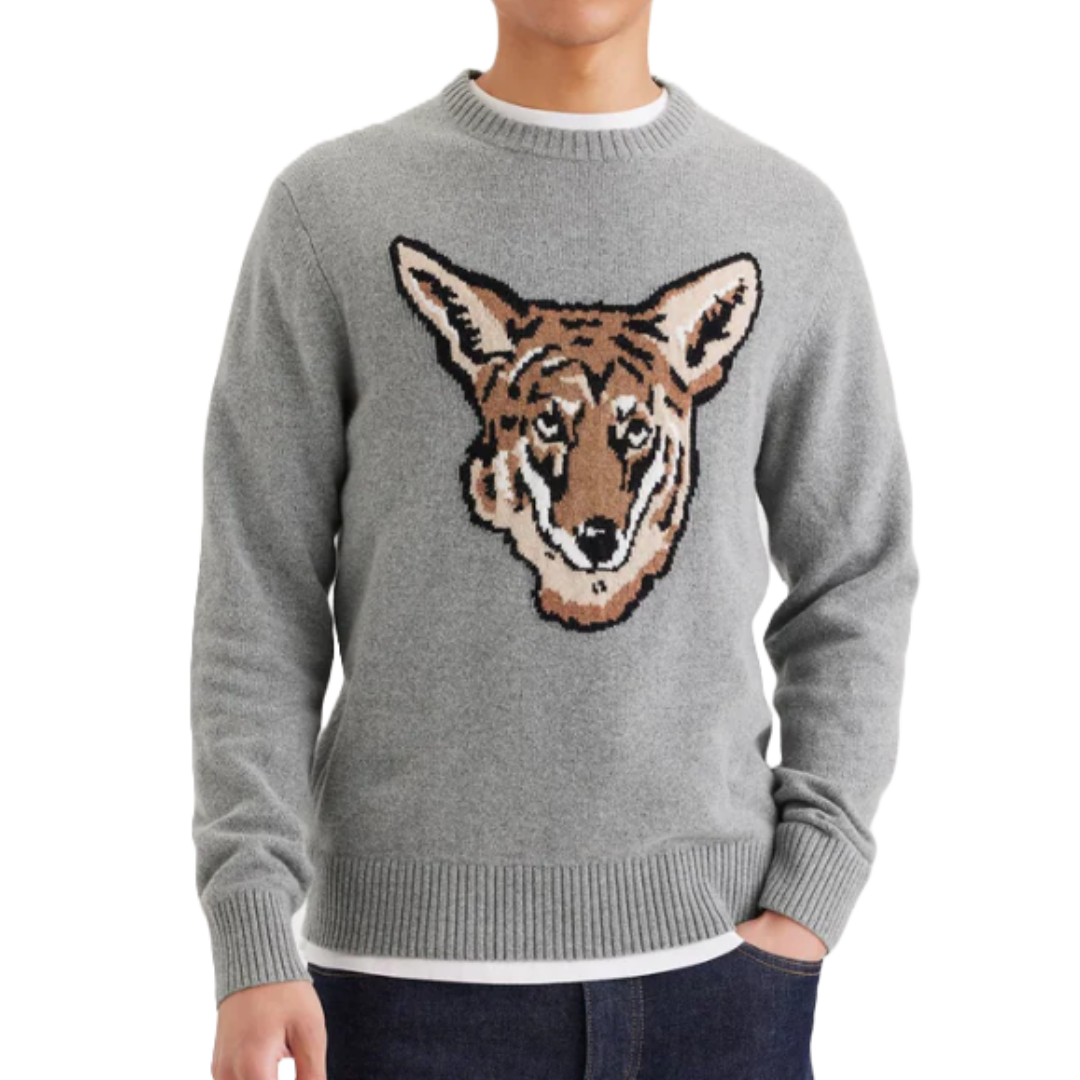 Gray sweater with a large, detailed fox head design on the front, worn over a white shirt and paired with dark jeans.