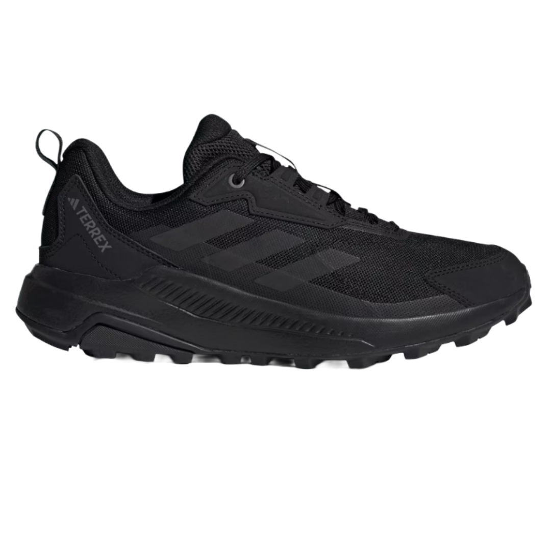 Black Adidas Terrex hiking shoe featuring a rugged design with subtle branding and a durable sole suitable for trail activities.