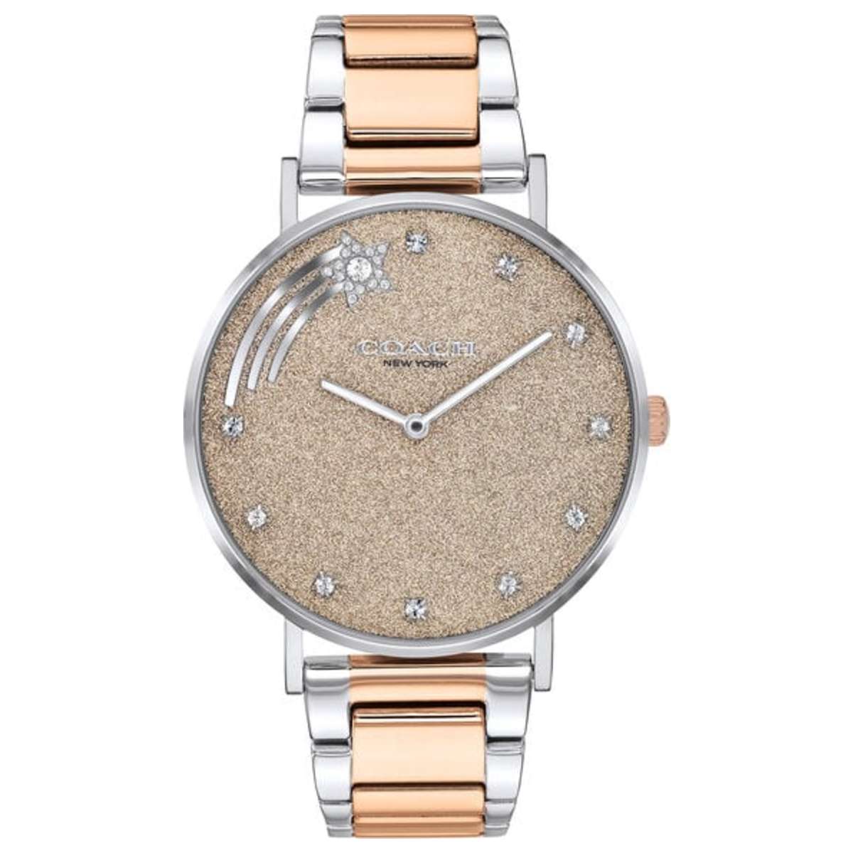 The COACH Perry watch features a gold-tone glitter dial with crystal accents and a shooting star design. It has a two-tone stainless steel bracelet, combining silver and rose gold hues.
