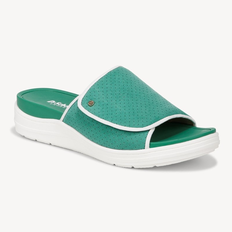 Green Dr. Scholl's slide sandals with a perforated upper strap, a white sole, and a branded footbed.