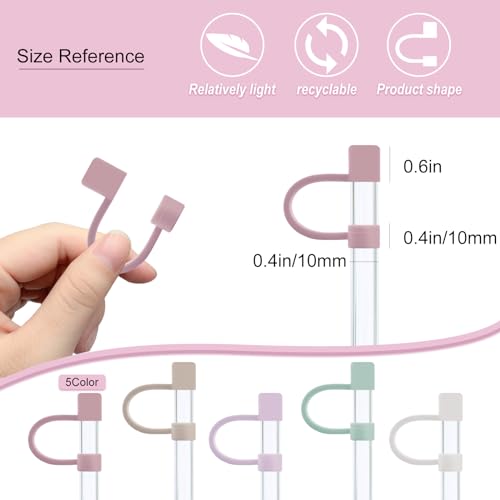 Silicone straw toppers in five colors clip onto straws to identify drinks; dimensions are shown with 0.4in/10mm width and 0.6in height.