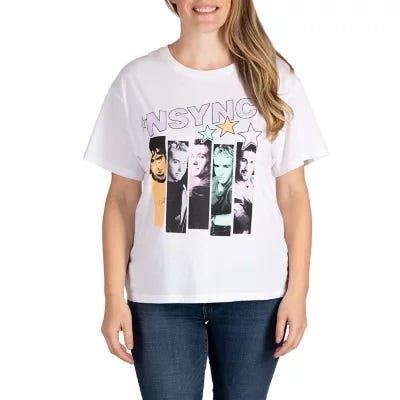 A white t-shirt with an 'NSYNC band graphic design.