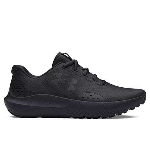 All-black Under Armour Surge running shoes feature a lightweight design with a textured sole, lace-up closure, and ventilated side panels for breathability.