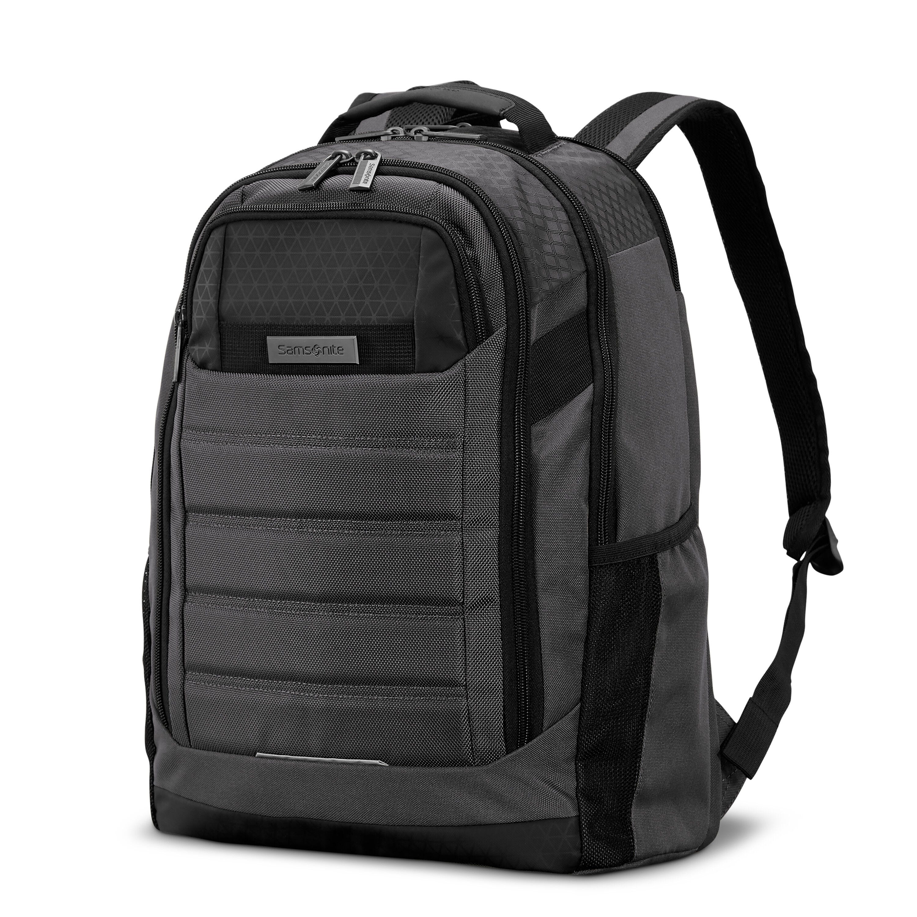 A black and gray Samsonite backpack featuring multiple zippered compartments, padded front panel, and side mesh pockets. It has adjustable shoulder straps and a top handle for easy carrying.