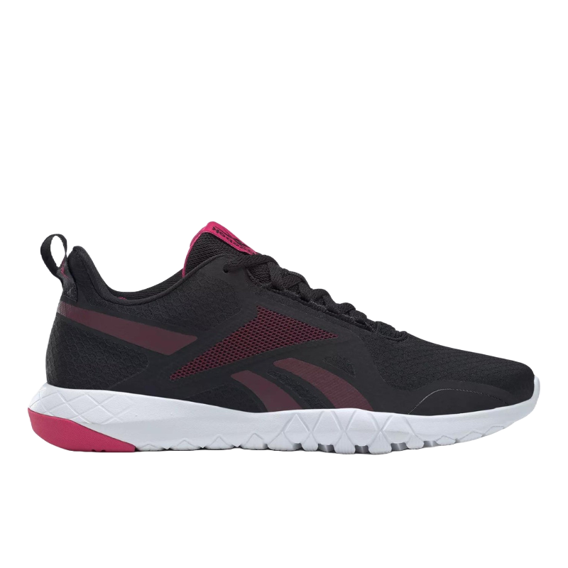 Black athletic shoe with maroon accents, features a breathable mesh upper, white cushioned sole, and maroon heel detail.