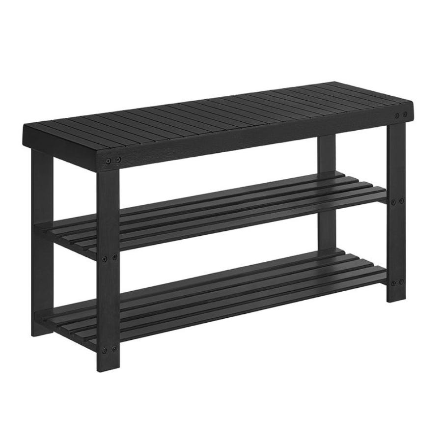 Black bamboo shoe bench with three slatted tiers, offering seating and storage. Dimensions: 35\“ length.