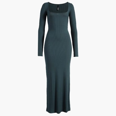 A long-sleeve, dark teal maxi dress with a scoop neckline.