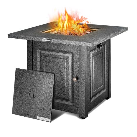 A square fire pit table with a black textured finish and a central flame area, accompanied by a matching burner lid. It features panelled sides with a door for internal access.