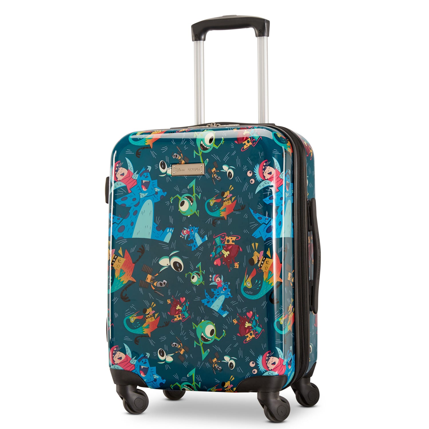 A colorful, hard-shell carry-on suitcase with a telescoping handle and caster wheels, decorated with a variety of animated characters.
