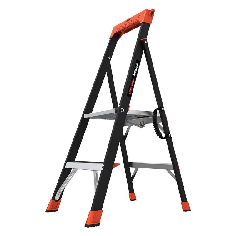 A black and orange step ladder with a platform and safety handle.