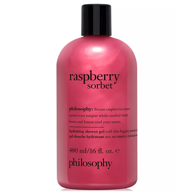 Philosophy Raspberry Sorbet Hydrating Shower Gel, 480 ml/16 fl. oz., features a scent with notes of raspberry, candied violet leaves, and lemon.