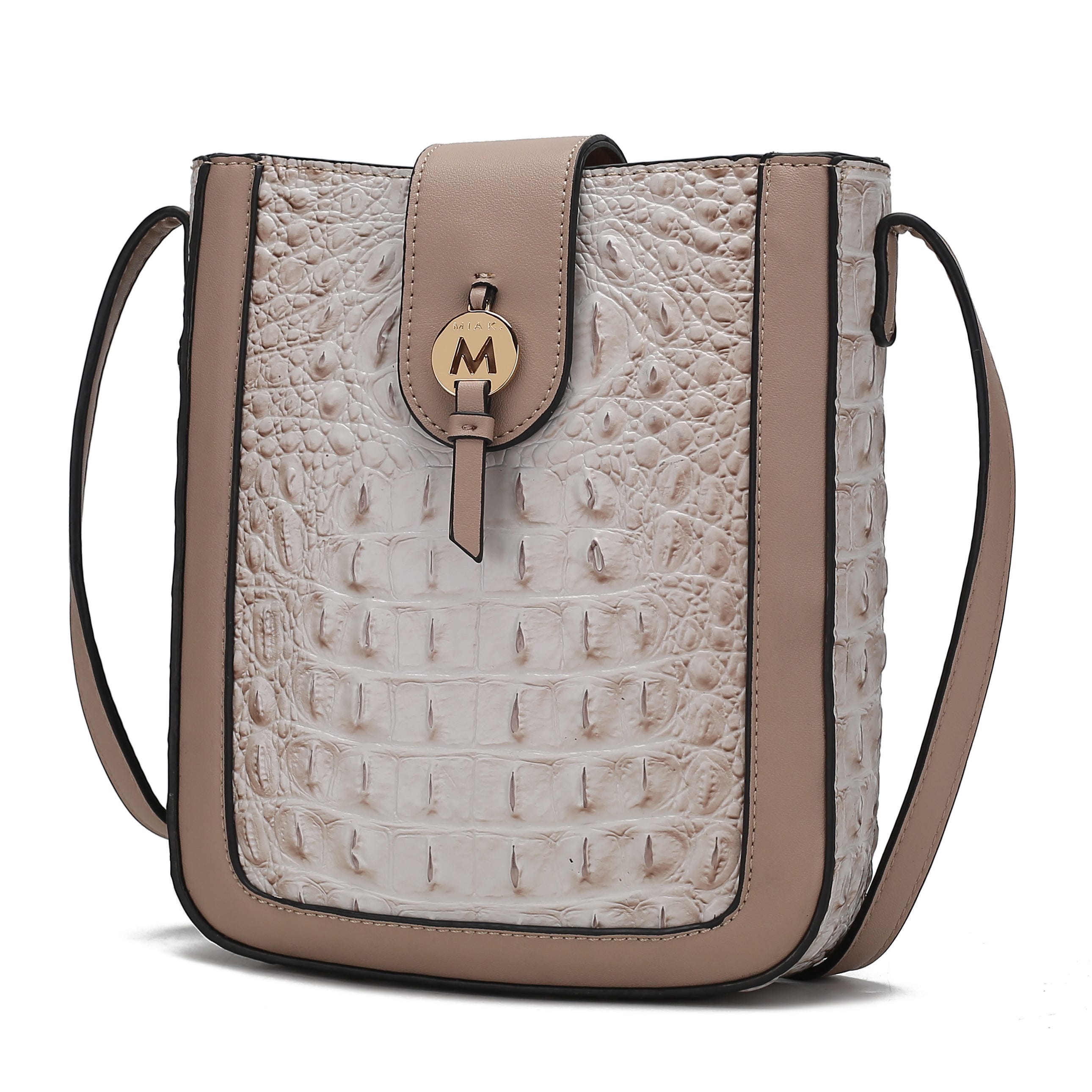 A crocodile-patterned shoulder bag with a beige trim and adjustable strap, featuring a front flap closure with a gold circular emblem and metallic \“M\“ detail.