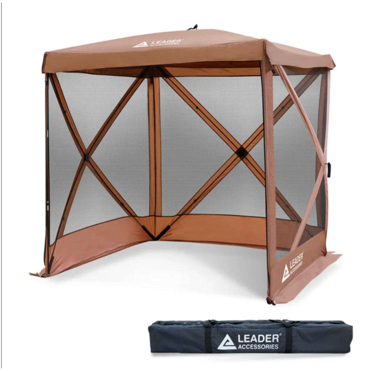 Brown pop-up canopy with mesh side walls and a carrying bag.