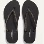 A pair of black flip-flops with glitter-embedded straps.