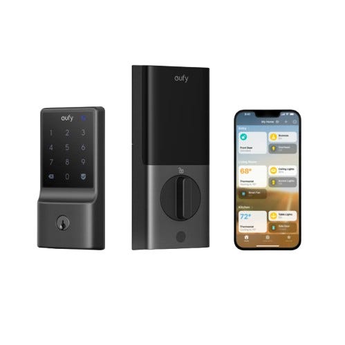 Eufy smart lock with touchscreen keypad, motorized deadbolt, and a smartphone showing a connected app interface for home automation control.