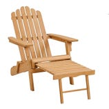 Wooden Adirondack chair with a pull-out footrest, featuring slatted back and armrests, designed for outdoor relaxation.