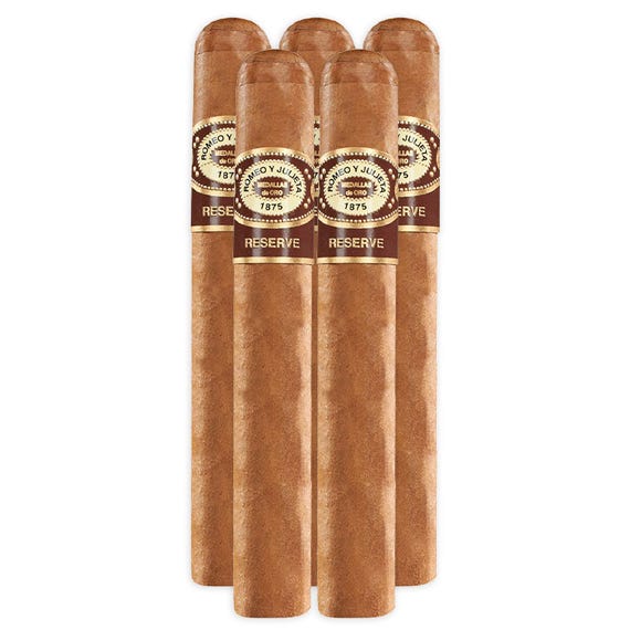5-pack of Romeo y Julieta Cigars featuring a light brown wrapper and labeled \“Reserve\“ on a gold and maroon band.