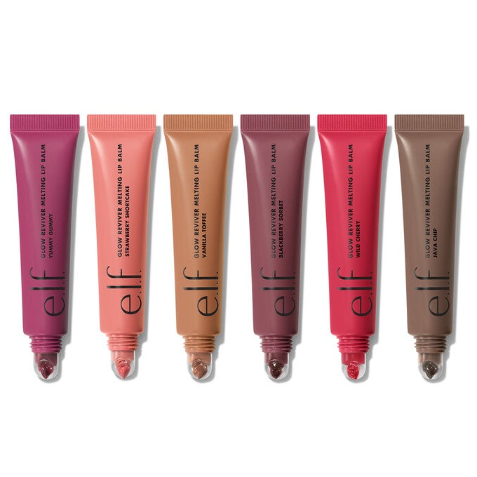 e.l.f. 6pk Glow Lip Color includes six tubes of melting lip balms in shades: Yummy Cherry, Strawberry Shortcake, Vanilla Frosé, Blackberry Sorbet, Wild Cherry, and Java Chip.