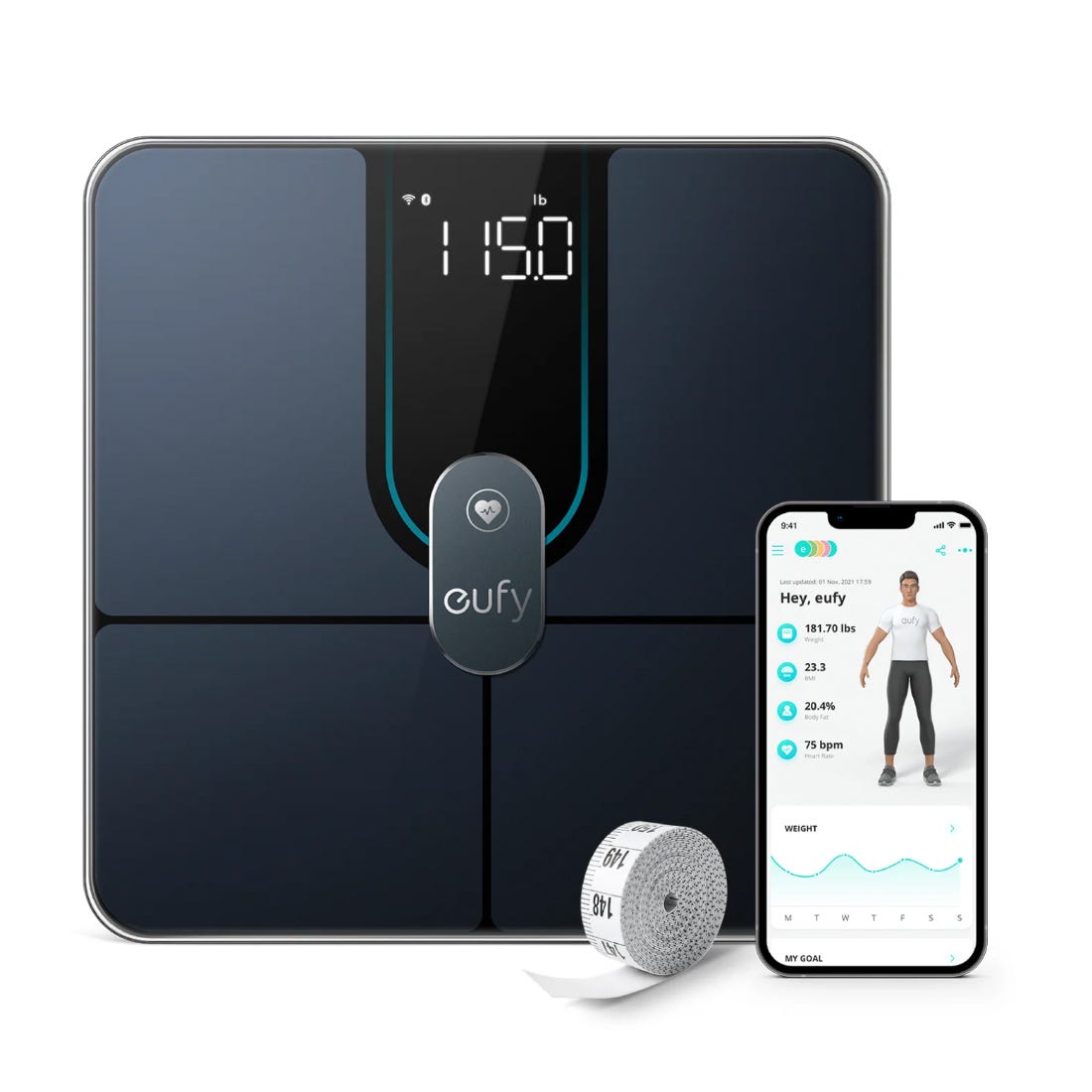 Eufy Smart Scale is a sleek digital scale with a minimalist design displaying weight in pounds. It connects to a smartphone app, providing additional metrics like body fat percentage and heart rate, and includes a measuring tape.