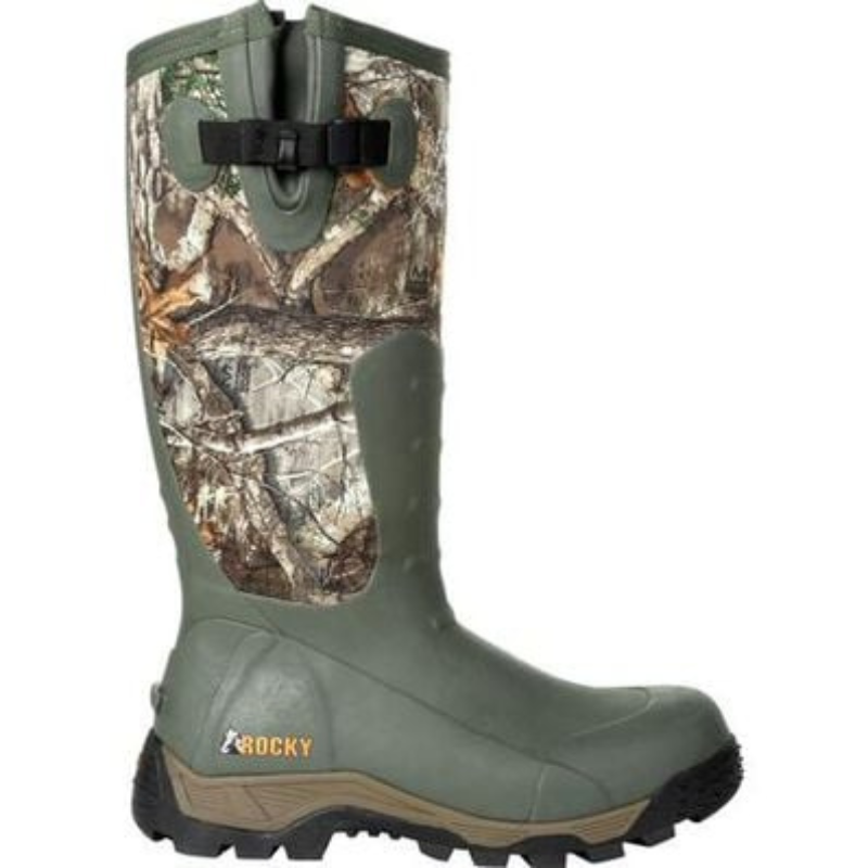 The Rocky Sport Pro Rubber Outdoor Boot is a knee-high, waterproof boot with a camouflage pattern and an adjustable strap, designed for rugged outdoor activities.