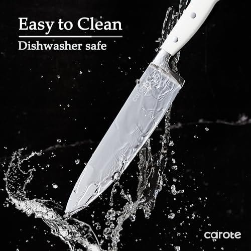 A chef's knife with a white handle and the Carote brand logo on the blade is partially submerged in water, highlighting its easy-to-clean feature.