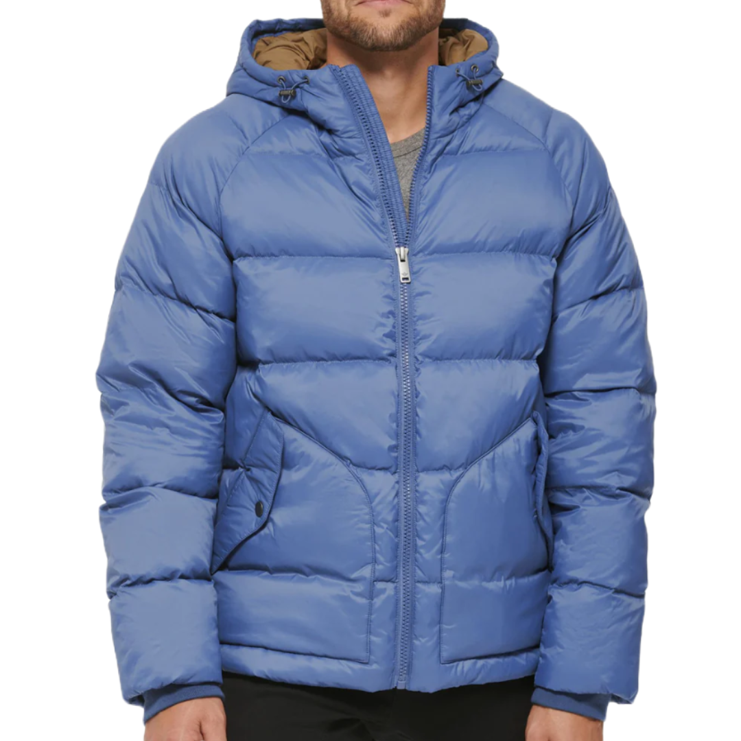 Blue Dockers puffer parka with a quilted design, featuring a zip-up front and attached hood. The jacket includes two side pockets with flaps and button closures.