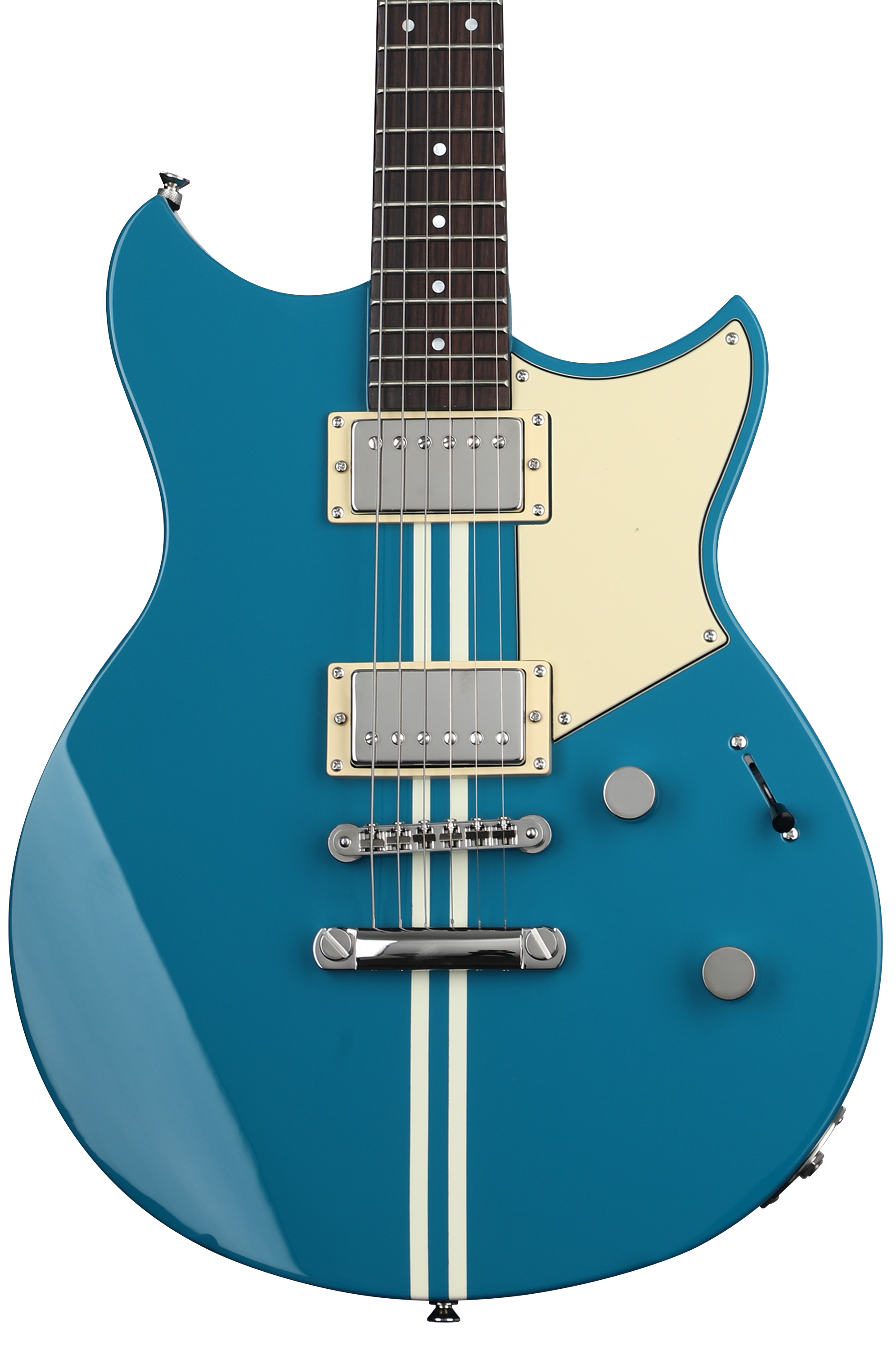 Blue Yamaha electric guitar with two humbucker pickups, a white pickguard, and racing stripes down the center.