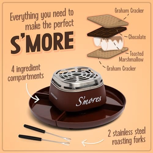 A Tabletop S'mores Maker with four compartments for ingredients, a central roasting unit, and two stainless steel forks for roasting marshmallows.