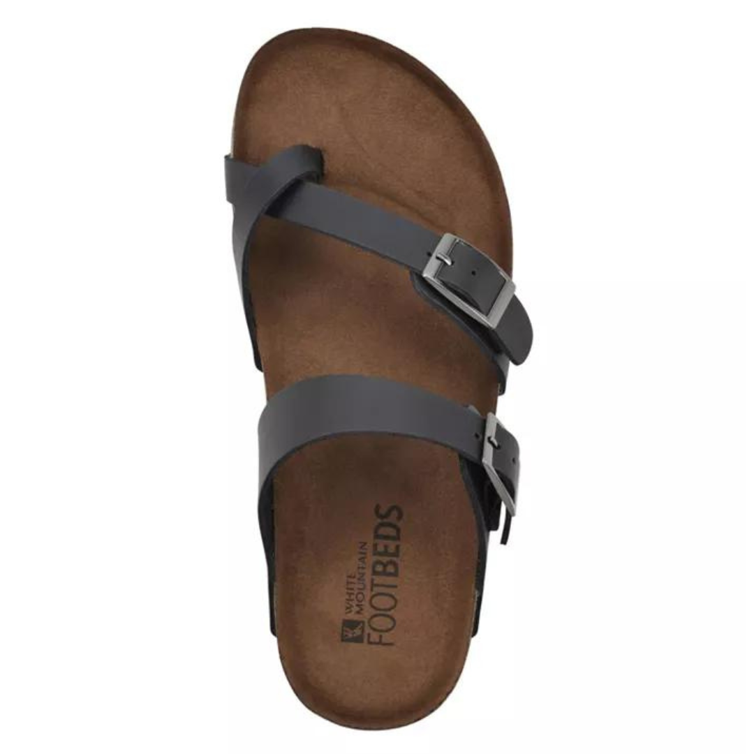 A single dark gray sandal with two adjustable straps and a brown footbed.