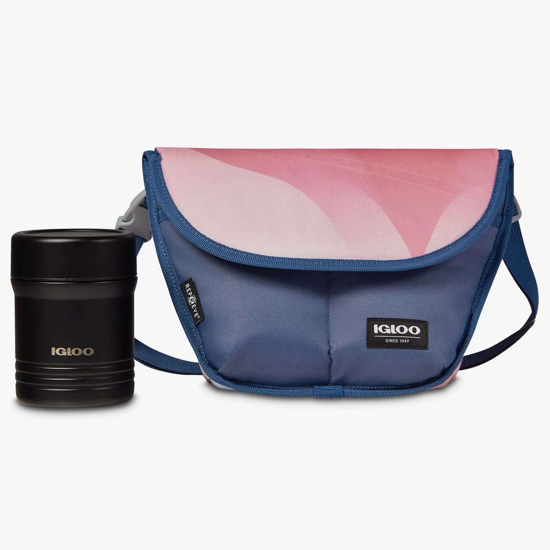 An Igloo cooler bag with a pink and blue design beside a black Igloo beverage container.