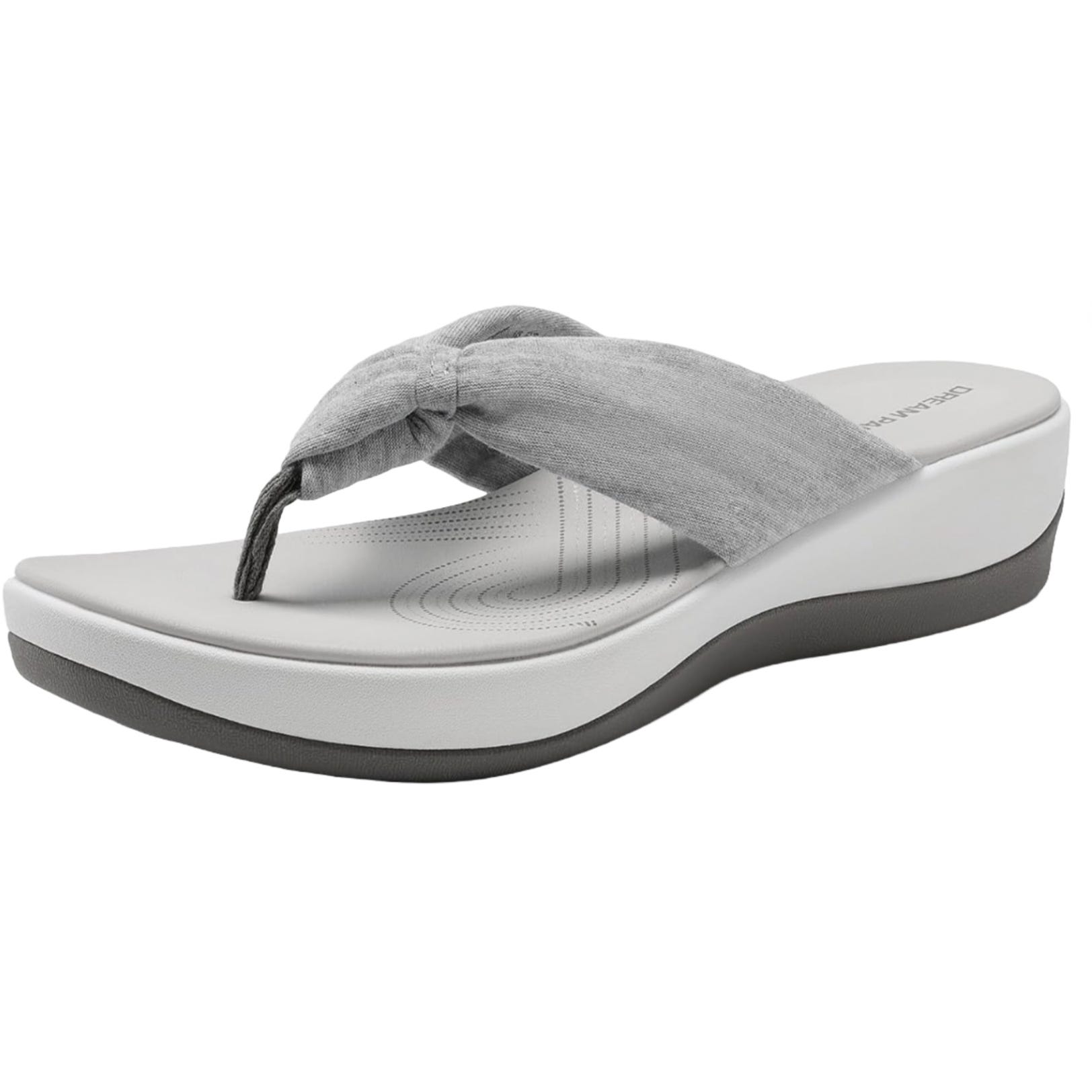 Gray platform flip-flop with plush fabric straps, a contoured footbed, and dual-tone sole.