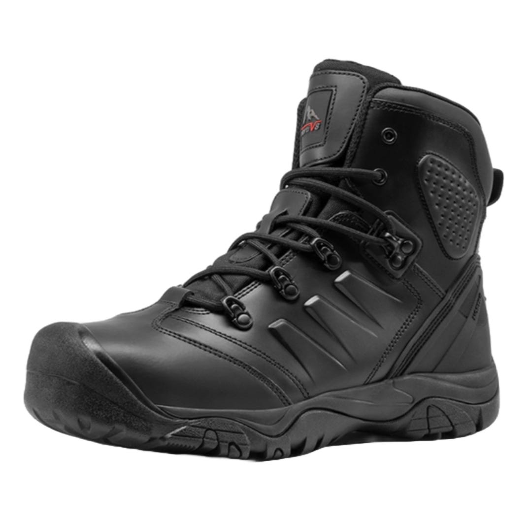 A black tactical boot with reinforced toe and ankle protection, featuring durable eyelets, a robust sole for grip, and padded collar for comfort.