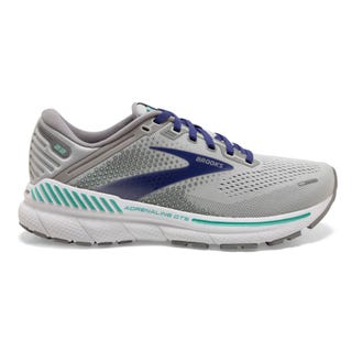 A gray and blue running shoe with the Brooks logo on the side.