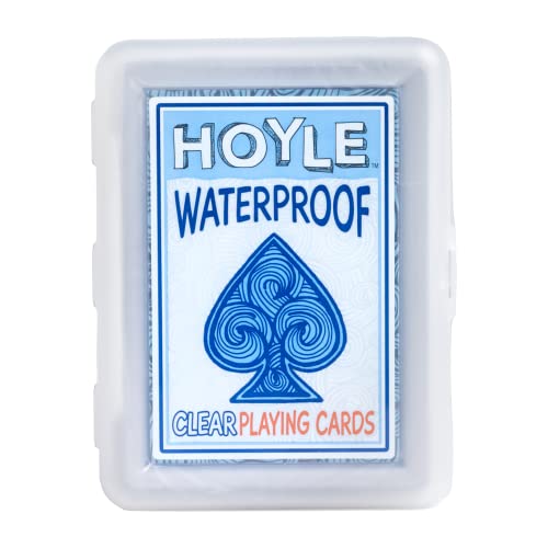 A deck of Hoyle Waterproof Clear Playing Cards is displayed in a translucent plastic case, with a blue spade design on the back of the cards.