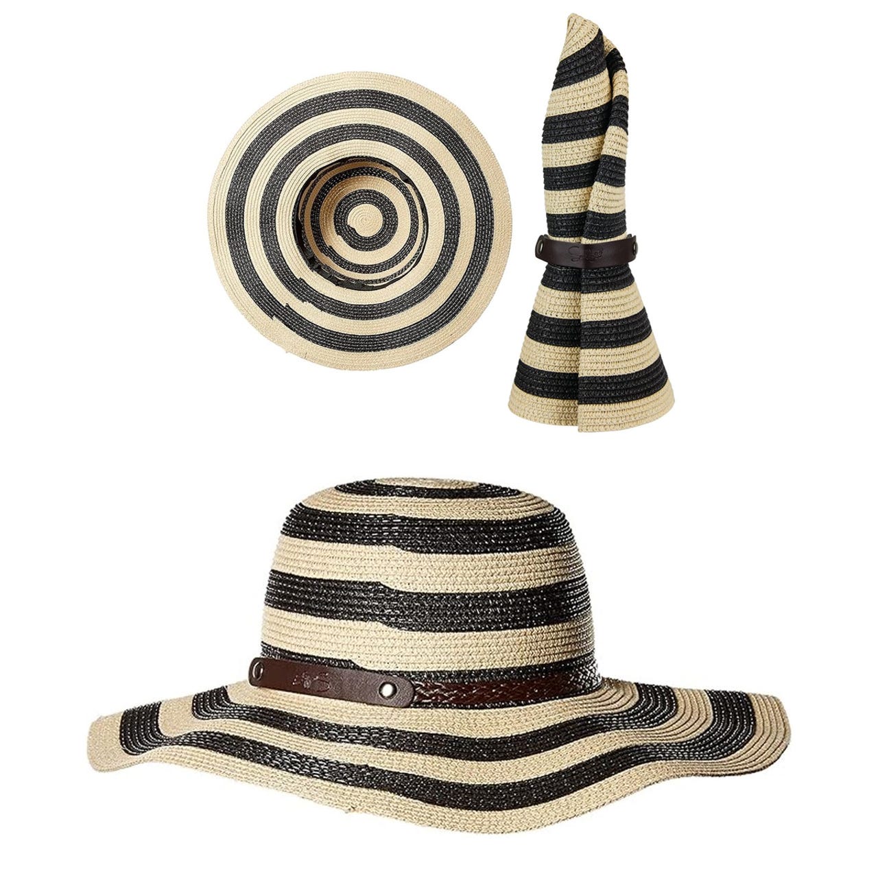 Foldable wide-brimmed hat with black and beige stripes and a decorative brown band. Shown in three views: top, rolled, and side.