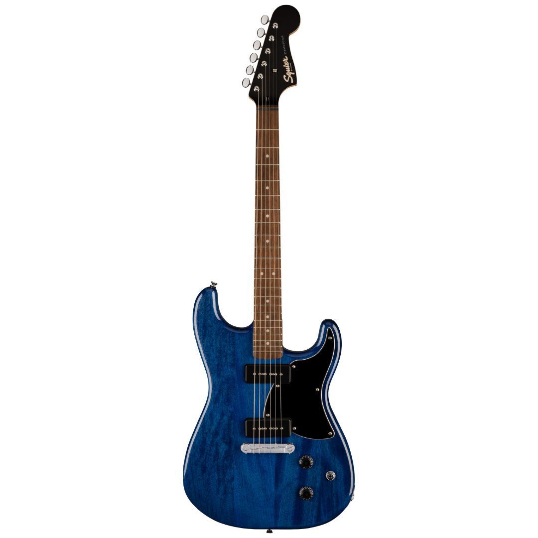 A blue electric guitar with a double-cutaway design, featuring two pickups, a black pickguard, and chrome tuning pegs.