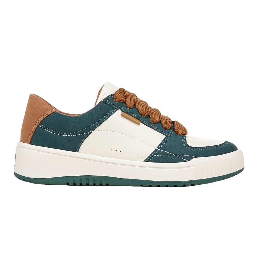 Dr. Scholl's Ollie Sneakers feature a combination of teal, white, and brown colors, with brown laces and a white sole. The design includes suede and leather elements, creating a casual and stylish look.