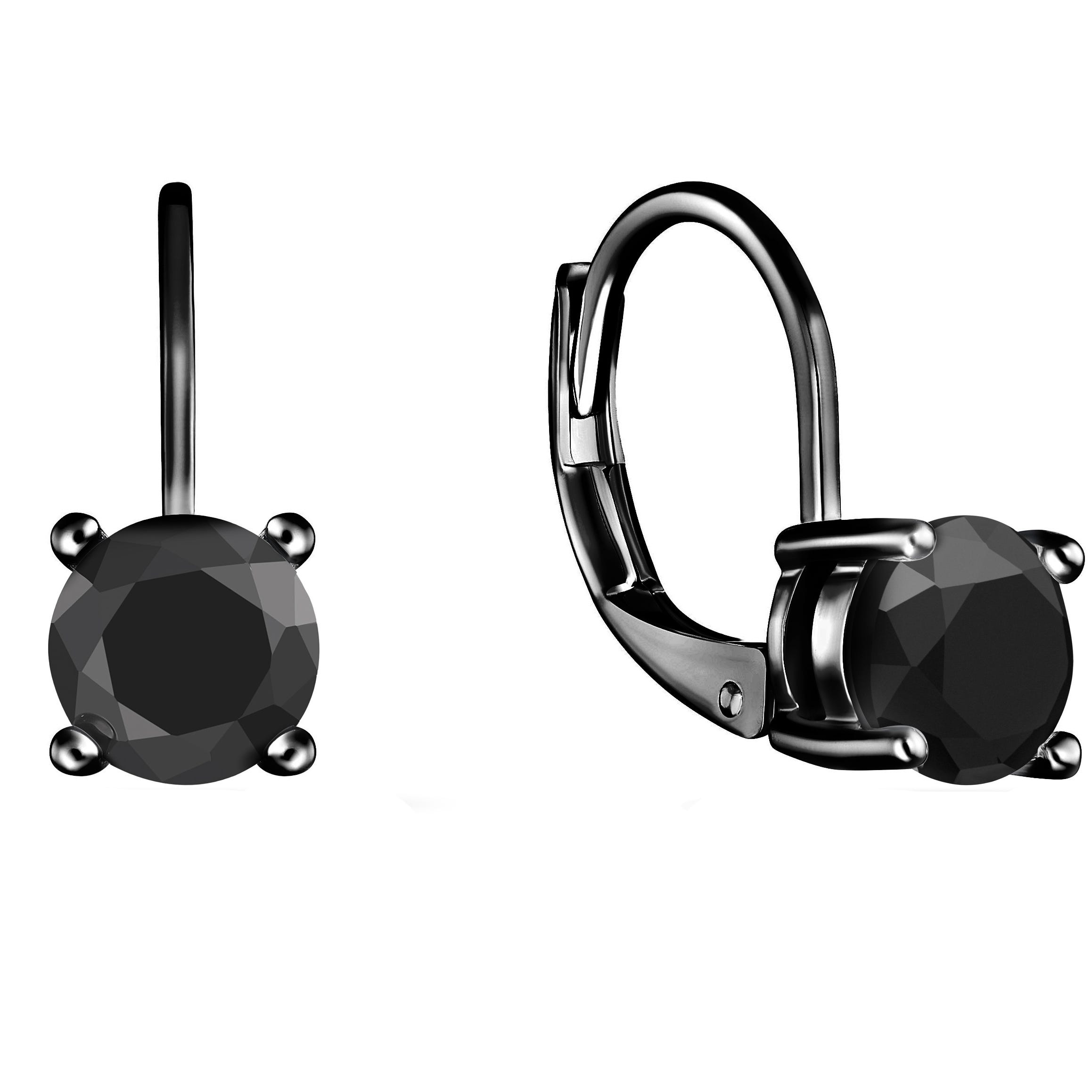 Pair of lever-back earrings with round black gemstones set in metal prongs.