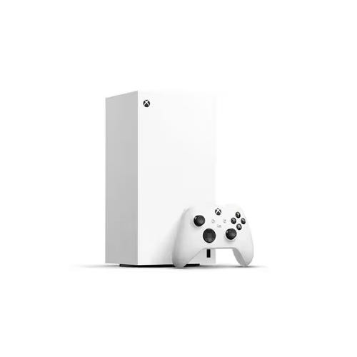 A white Xbox Series X console paired with a matching wireless controller. The console has a minimalist, rectangular design with a prominent black vent on top.