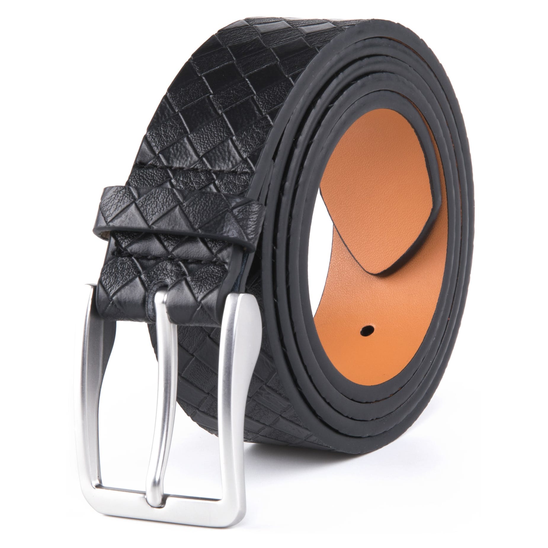 Black leather belt with a textured pattern and a silver buckle.