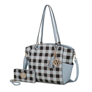 A checkered tote bag with a matching wallet and tassel decoration in shades of light blue, white, and brown.