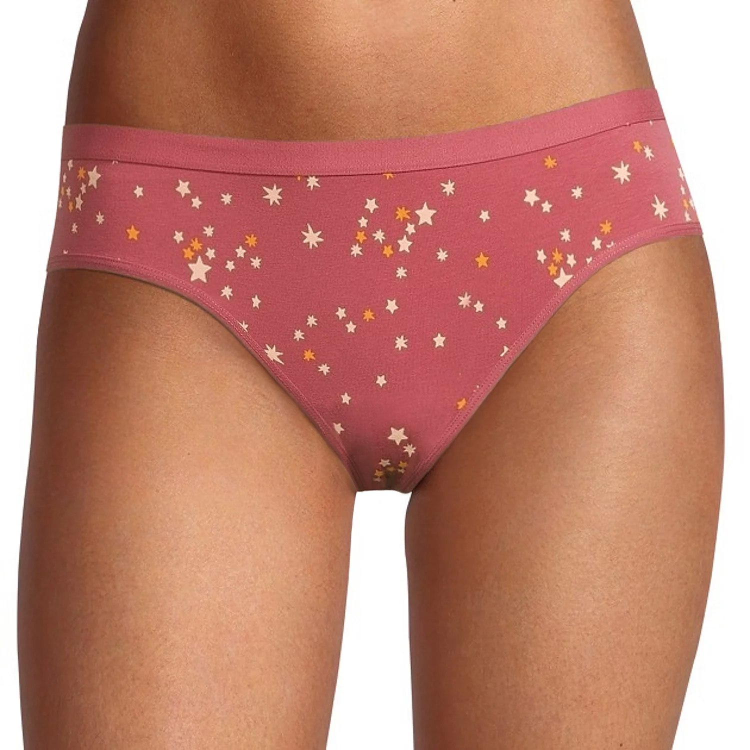 A pair of mauve underwear with a pattern of white and yellow stars is depicted.
