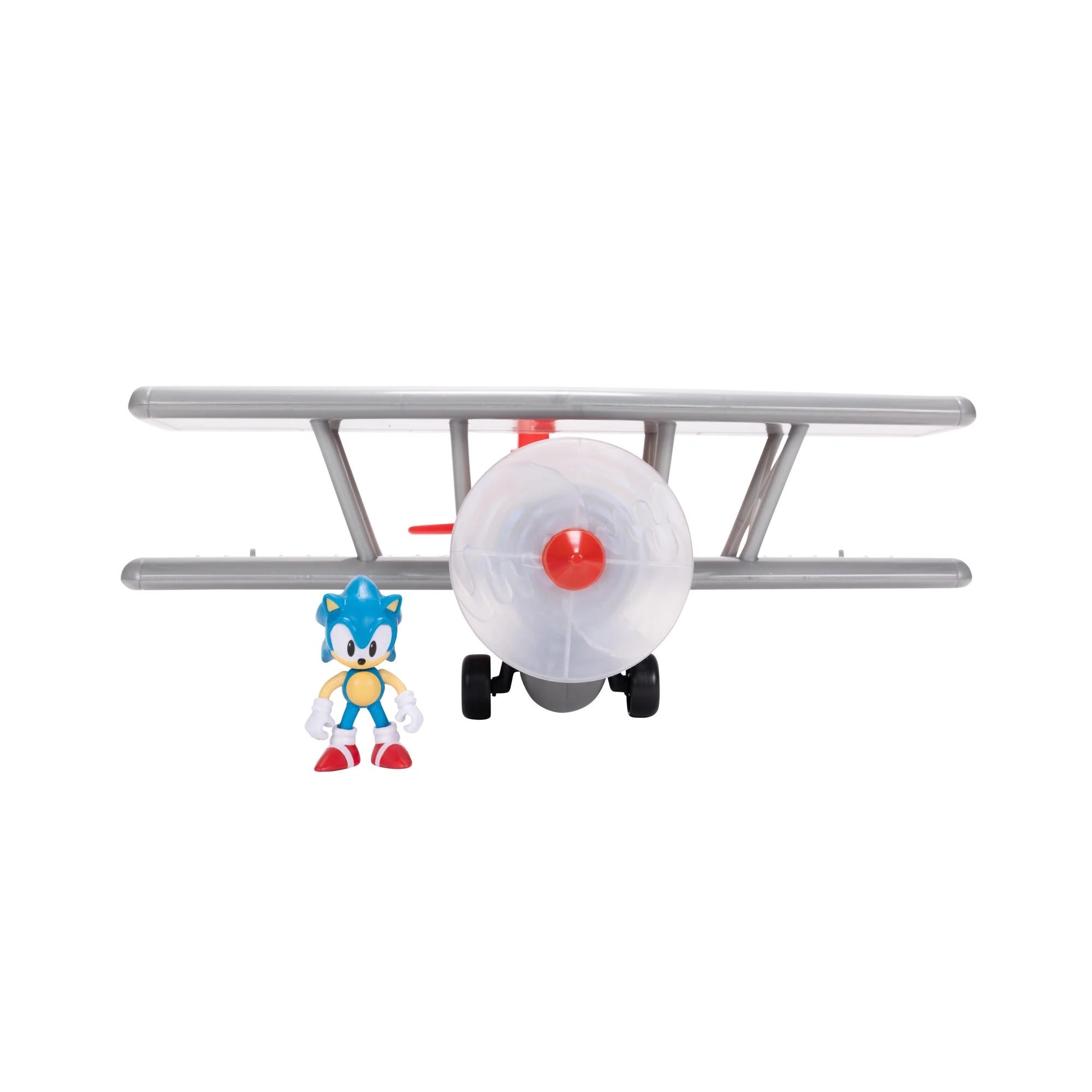 A toy set featuring a small blue hedgehog figure and a gray biplane with a clear propeller and red accents.
