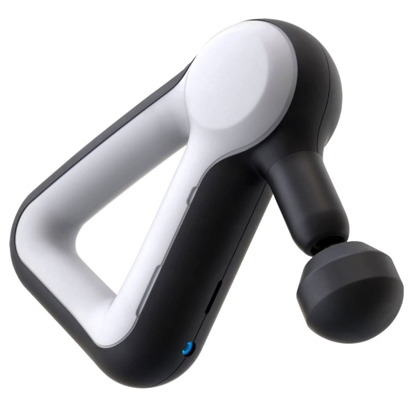 Handheld percussive massage device with a black and white design.