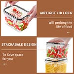 This is a set of clear food storage containers with airtight locking lids, showcasing their stackable design for space efficiency.