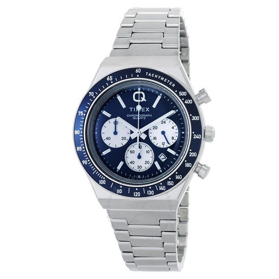 Timex chronograph watch featuring a blue dial with three sub-dials, tachymeter scale, and a stainless steel link bracelet.