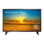 Insignia HD TV with integrated Fire TV interface, displaying a sunset scene.