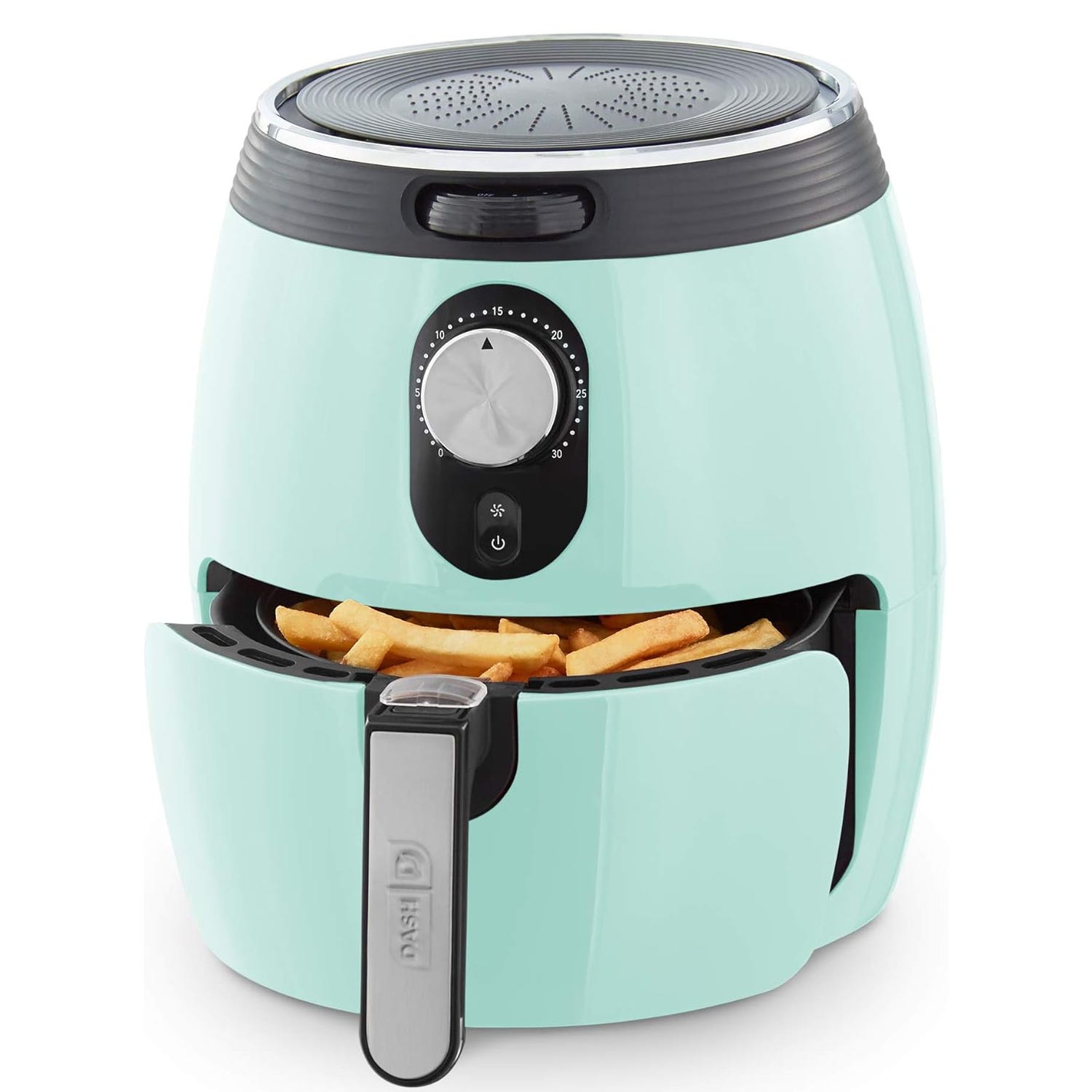 A mint green Dash air fryer with a dial timer is shown with a basket containing French fries.