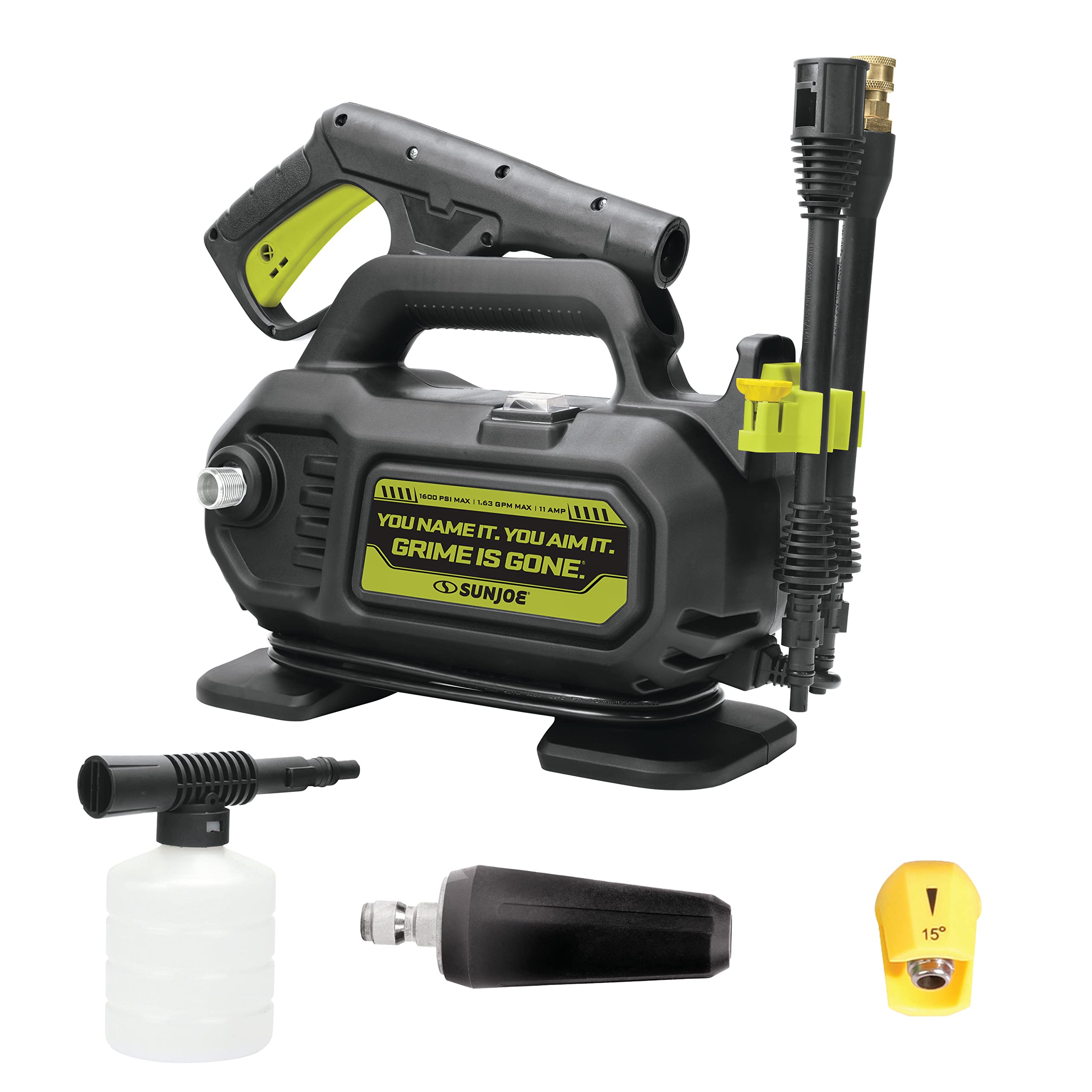 Portable electric pressure washer with attachments including a spray gun, foam cannon, and a 15-degree nozzle.